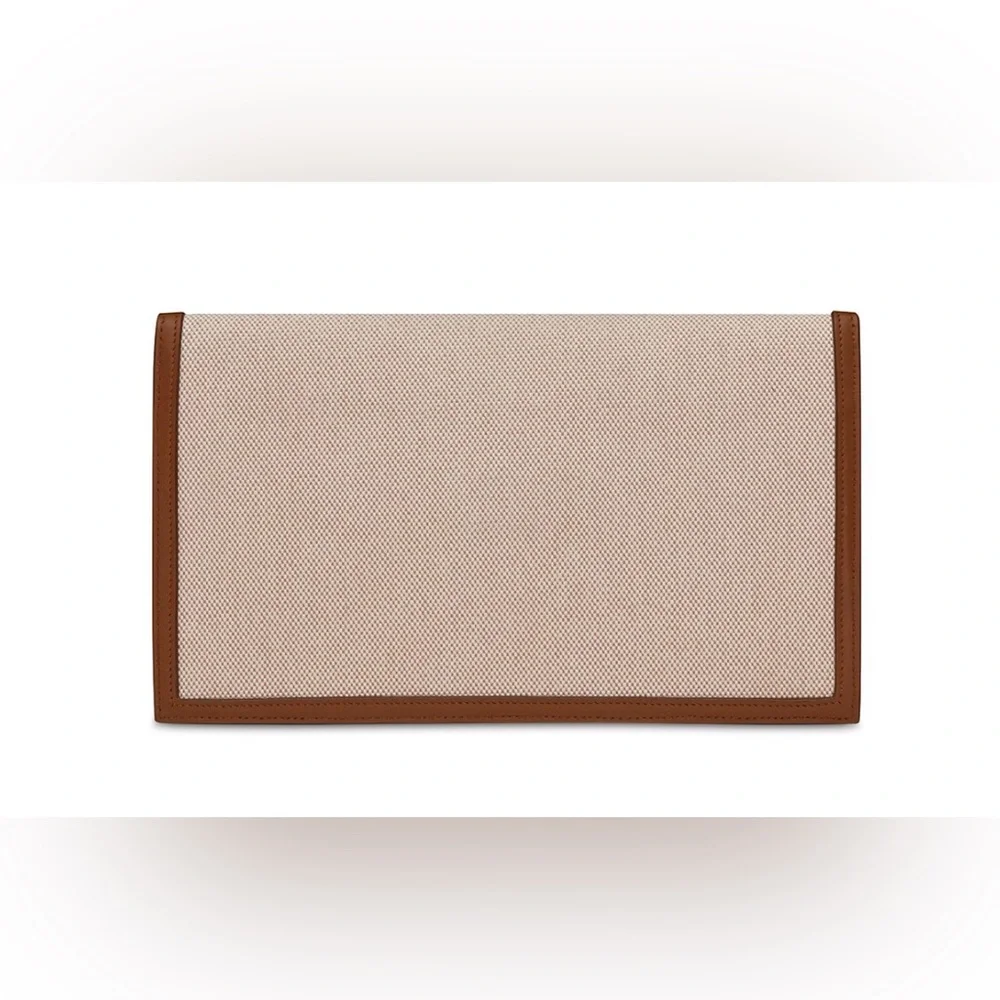 Saint Laurent Uptown Clutch Beige Canvas Tan Leather YSL $730 - Picture 5 of 10